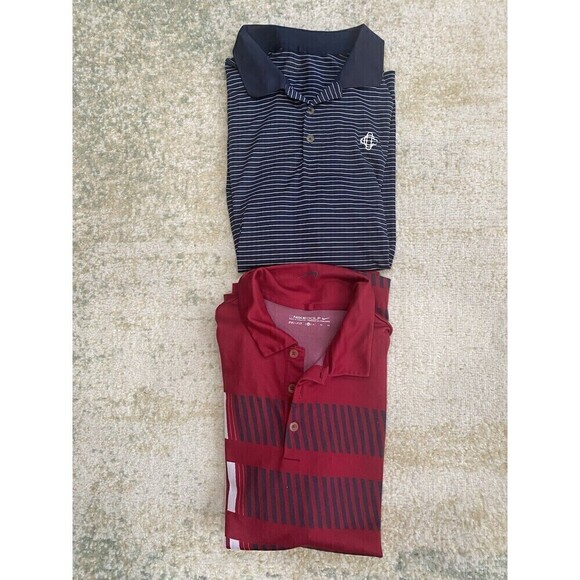NIKE GOLF DRI FIT XL POLOS SET (2) Striped Red Blue Country Club Logo Collared - Picture 1 of 13